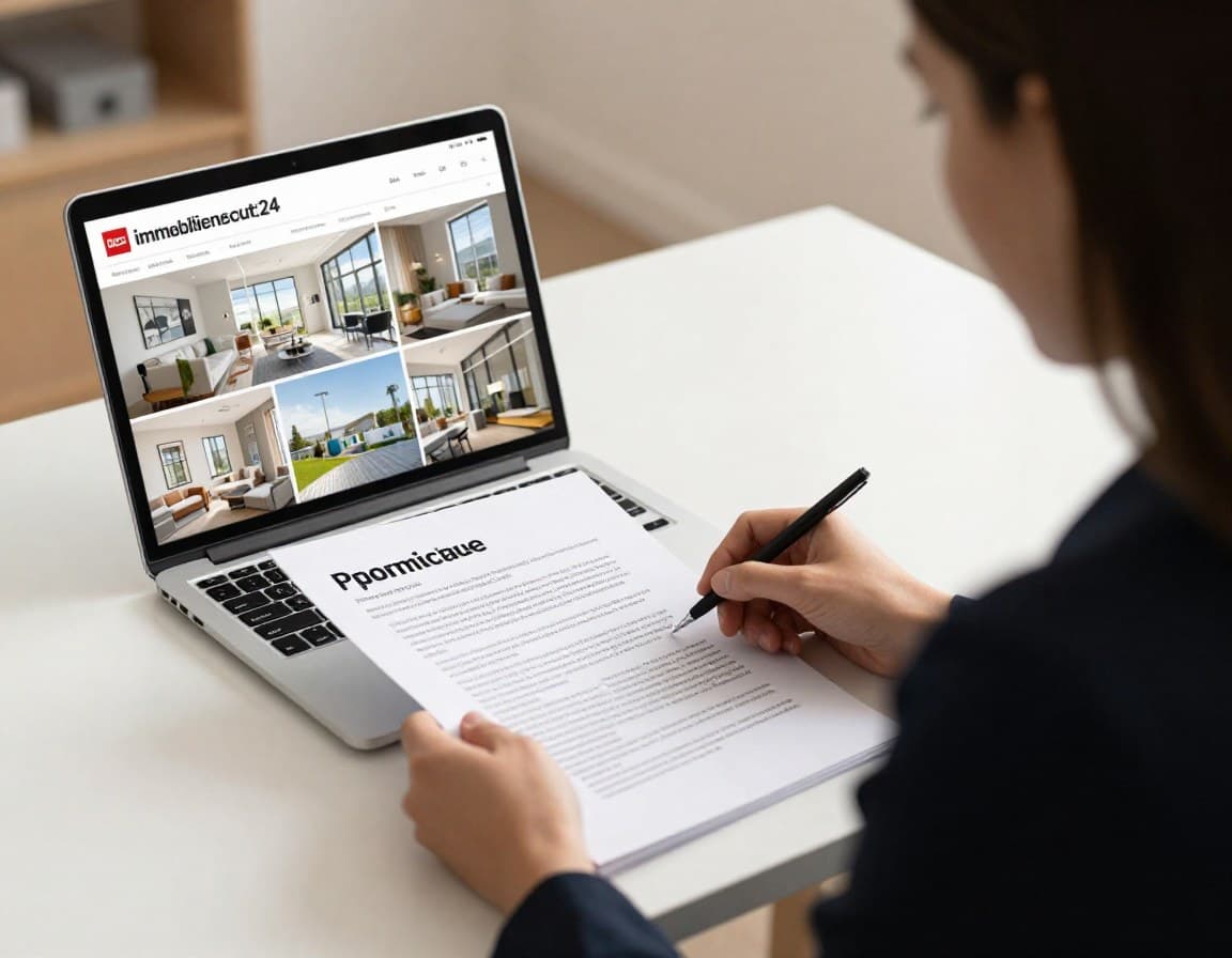 Immobilienmakler erstellt professionelles Exposé am Schreibtisch mit hochwertigen Fotos und Laptop
