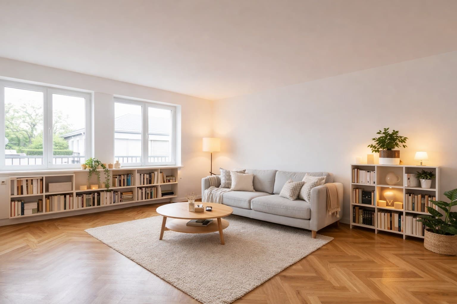 Professionell eingerichtetes Wohnzimmer nach virtuellem Staging mit ImmoStage KI