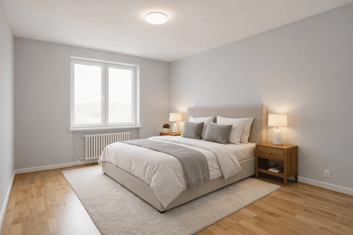 Schlafzimmer im modernen Stil mit Plattformbett und minimalistischer Einrichtung